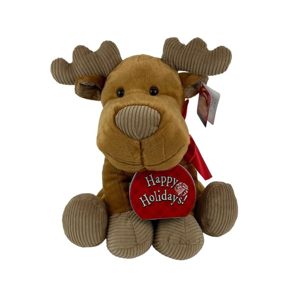 Galerie Brown Reindeer 14” Plush Corduroy Happy Holiday Tin Christmas‎ w/Tags